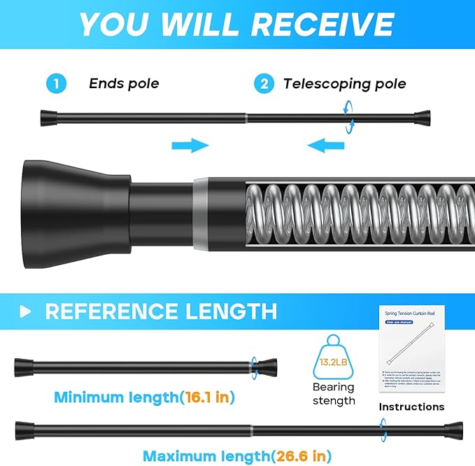 Tension Rod 16 to 26 Inch Adjustable Curtain Rod No Drilling Black Tension Curtain Rod Spring Tension Curtain Rod for Bookshelf Diy Projects Kitchen Cupboard Bathroom Wardrobe 2PCS