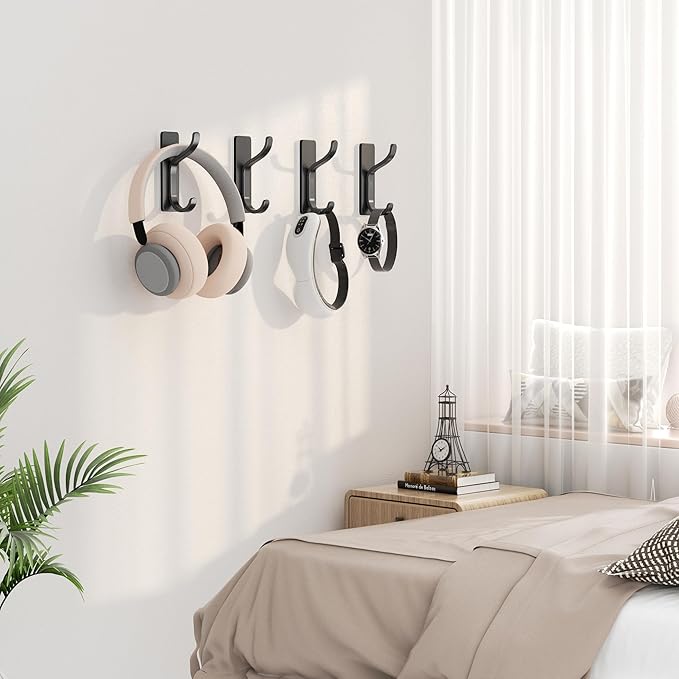 pickpiff Adhesive Wall Coat Hooks - Heavy Duty Stick-On Door Hanger, Metal Hook for Hanging Towel, Purse, Robe, Backpack, Jacket, Clothes - for Bathroom, Dorm, Closet, Kitchen - Black, 4 Pack