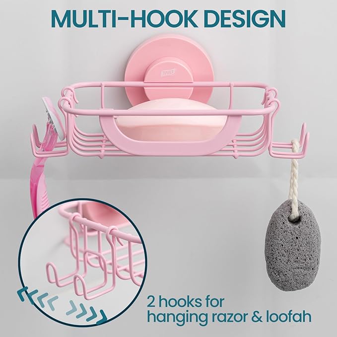 TAILI Soap Bar Holder Dish with Hooks, Shower Soap Tray Saver Suction Cup with Razor Holder for Wall, Rustproof Stainless Steel Bath Shampoo Caddy for Bathroom Accessories Organizer, Pink