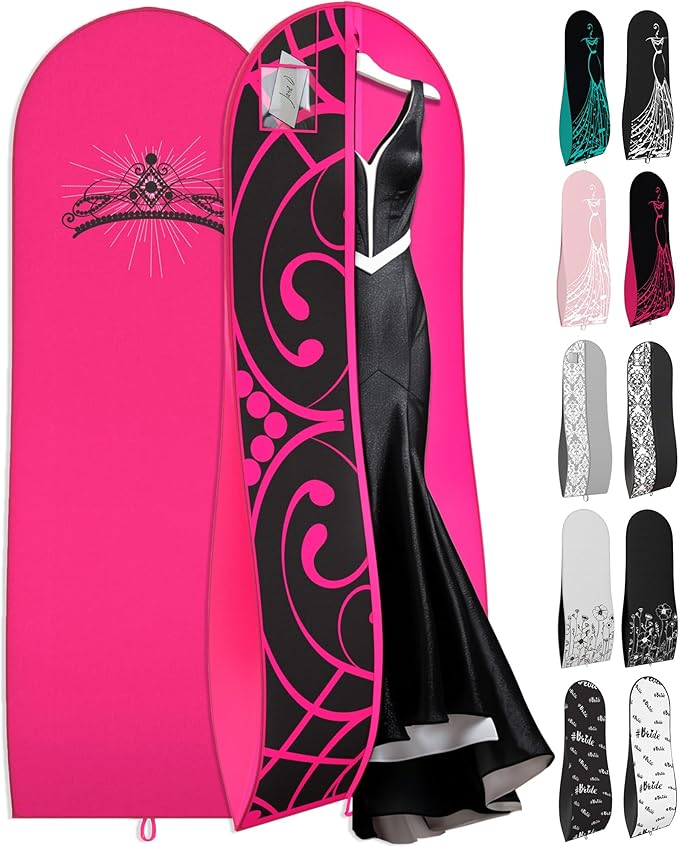 Your Bags Women’s Dress and Gown Garment Bag -72”x24” and 10” Tapered Gusset Prom Bags (Hot Pink and Black Tiara Panel)
