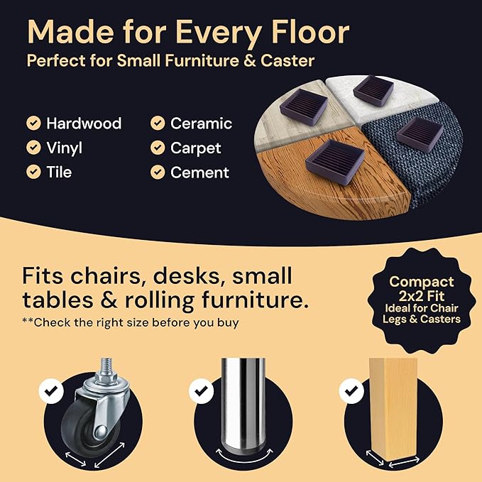 CasterMaster Non-Slip Furniture Pads - 2 in x 2 in Brown 4 Pack - Chair Leg Floor Protectors & Furniture Sliders for Hardwood, Vinyl & Tile Floors - Bed Stoppers