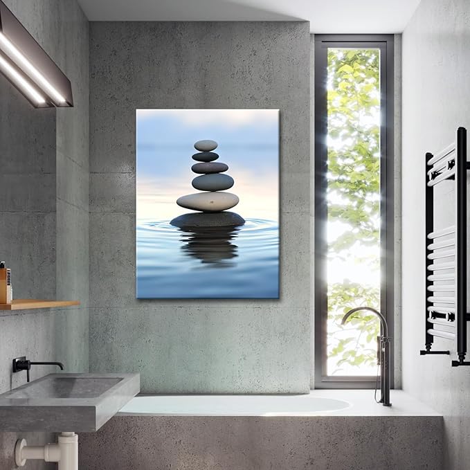 GLOKAKA Zen Stones Balance Canvas Wall Art Pebbles Stack in Calm Water Picture Print Artwork Poster for Yoga Meditation Room Bathroom Bedroom Decor