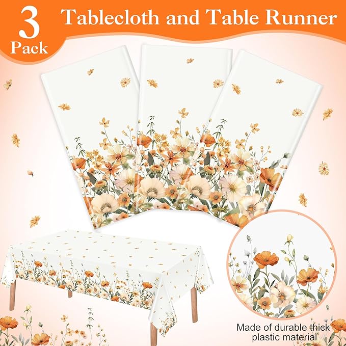 Ganeen 3 Pcs Fall Floral Tablecloth Disposable Plastic Table Covers Watercolor Wildflower Table Cover Waterproof Tablecloths for Autumn Birthday Wedding Party Decor, 54 x 108 Inch