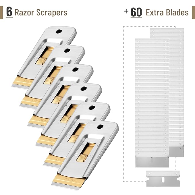 Bates Choice Metal Razor Blade Scraper Tool, Pack of 6, 60 Extra Carbon Steel Blades, Stainless Steel Heavy-Duty Cleaning Razor Scraper Tool