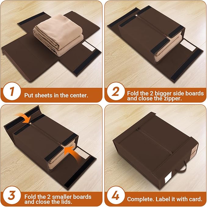 4 Pack Bed Sheet Closet Organizers and Storage,Sturdy Foldable Storage Containers with Window and Label,Storage and Organization for Bedding Sheets,Duvet Covers,Blankets (Brown)