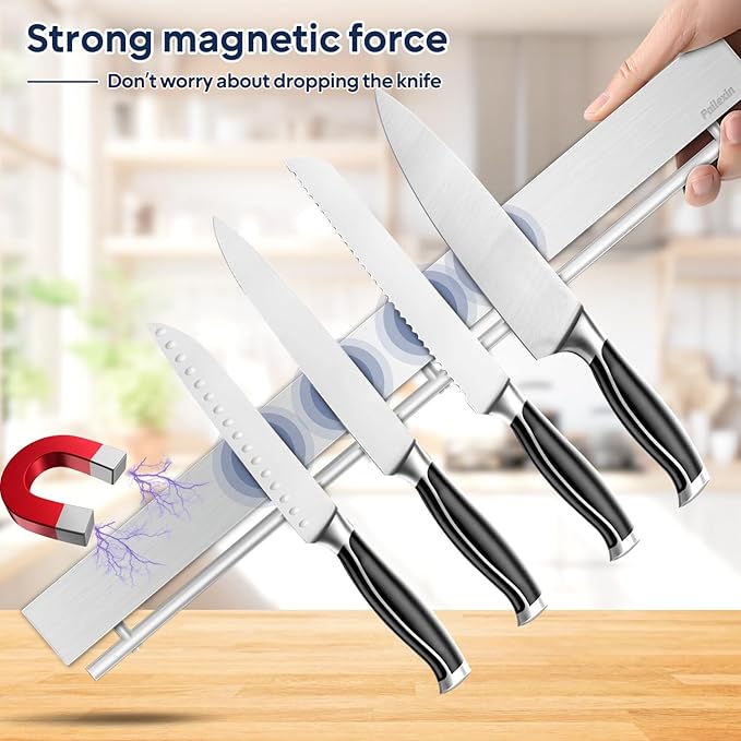 20 inch magnetic knife holder with 10 hooks, no drilling knife magnetic strip, and utensil hanger for wall. Powerful knife magnet rack includes tape and screws
