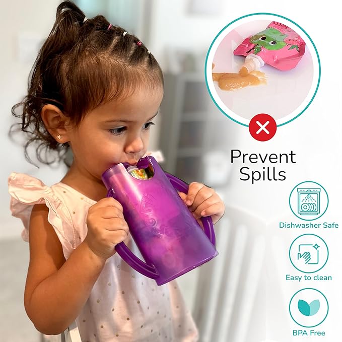 Flipping Holder Squeeze Proof Pouch Holder (2-pack with lids) for Food Pouches & Juice Boxes - Multipurpose - Prevent Messes & Support Self-Feeding - Easy Grasping Handles - Made in USA