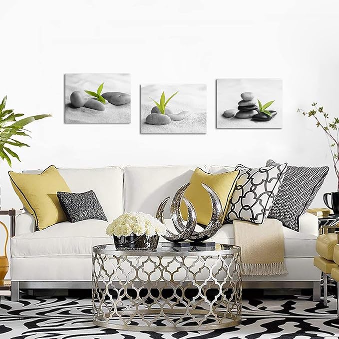 Biuteawal 3 Piece Zen Canvas Wall Art for Bathroom Decor Zen Stone with Green Plant Picture Print Peaceful Still Life Artwork Painting Modern Home Bedroom Meditation Room Spa Room Decoration