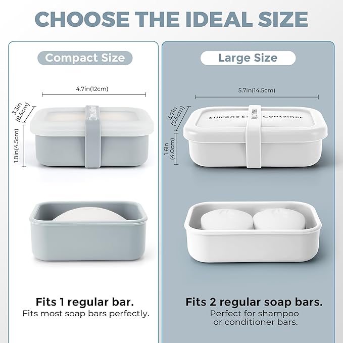 Compact Leakproof Travel Soap Case with Lid & Silicone Strap - Portable Draining Soap Bar Holder for Gym, Bathroom, Camping - Lightweight Silicone Soap Dish Container (Gray) ﻿