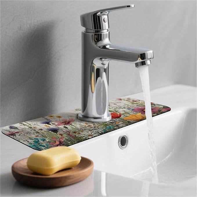 Kitchen Sink Splash Guard，wildflowers-in the meadow Faucet Mat Sink Gadgets-Super Absorbent Fast Drying Mat Drip Catcher for Kitchen, Bathroom,Sink Mat, Dish Drying Mat, Bathroom(15" X 5.5" )