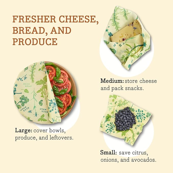 Bee's Wrap Vegan Beeswax Wraps for Food - Made in USA Reusable & Organic Food Wraps, Sandwich Wrap & Bowl Covers - Eco Alternative to Aluminum Foil & Plastic Wrap, Vegan Herb Garden 3 Pack (S, M, L)