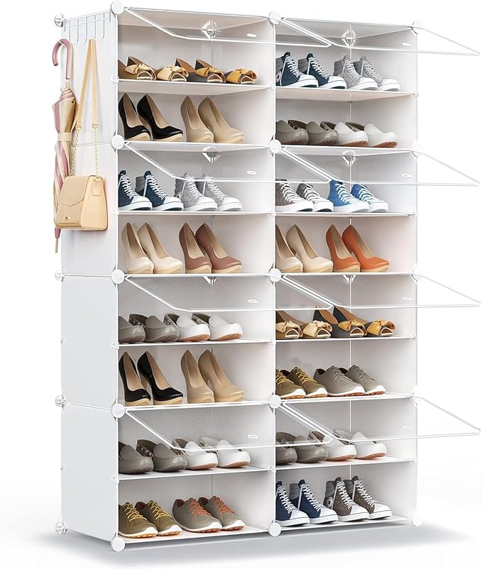 HOMICKER Shoe Rack Organizer, 32 Pair Shoe Storage Cabinet with Door Expandable Plastic Shoe Shelves for Closet, Entryway, Hallway, Bedroom