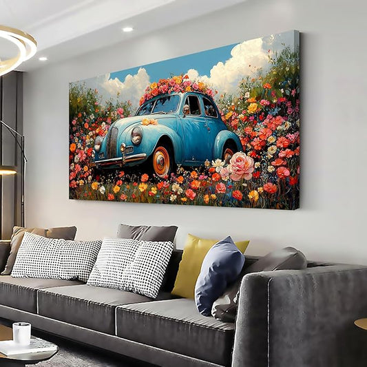 ZESTRILIA Car Wall Art Flower Canvas Paintings Old Shabby Garden Floral Artwork Rustic Landscape Picture for Country Farmhouse Living Room Bedroom Home Office Kitchen Décor (23x46inch)
