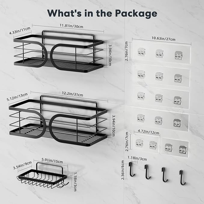 Shower Caddy 3 Pack Adhesive 304 Stainless Steel Shelves No Drill Durable Large Capacity Shower Rack Organizer Soap Holder Quick Dry Rustproof Bathroom Storage(Black)