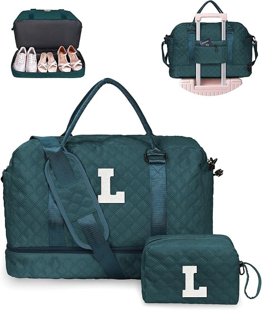 Girls Gifts 10-12 Birthday Ideas-Initial Travel Bag with Shoe Compartment, Personalized Weekender Bag, Monogram Overnight Bag for Women, Letter Travel Bag with Makeup Bag (Letter L)