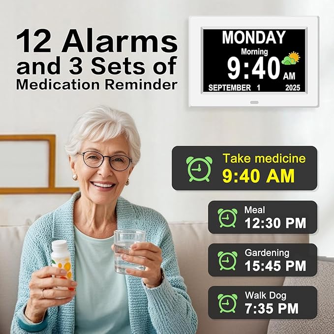 DIWAKREM 7'' Large Display Digital Clock for Seniors, Digital Calendar Alarm Clock for Elderly Clock with Date Day of Week 12 Alarms 4 Colors Desk Wall Clocks for Alzheimers Dementia Auto DST/Dimmer
