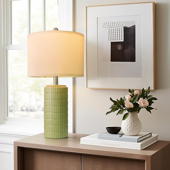 PoKat 23" Green Ceramic Table Lamps Set of 2, Farmhouse Table Lamps for Living Room, Modern Lamps for Bedroom Night Stands, Traditional Nightstand Desk Lamps, Medium