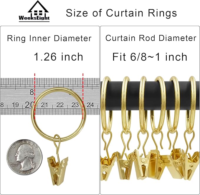 WeeksEight 100 Pack Gold Curtain Rings with Clips, Curtain Hooks Hangers Clip Rings for Hanging Drapes Bows Hat, Drapery Rings 1.26 in I D, Fits up to 1 in Diameter Curtain Rod.