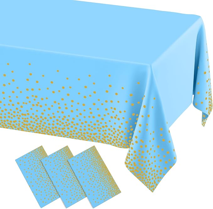 misaya 3 Packs Dot Disposable Table Cloth, 54 x 108 Inch Waterproof Plastic Tablecloth, Rectangle Gold Dots in Light Blue Table Covers for Picnic, Birthday, Party