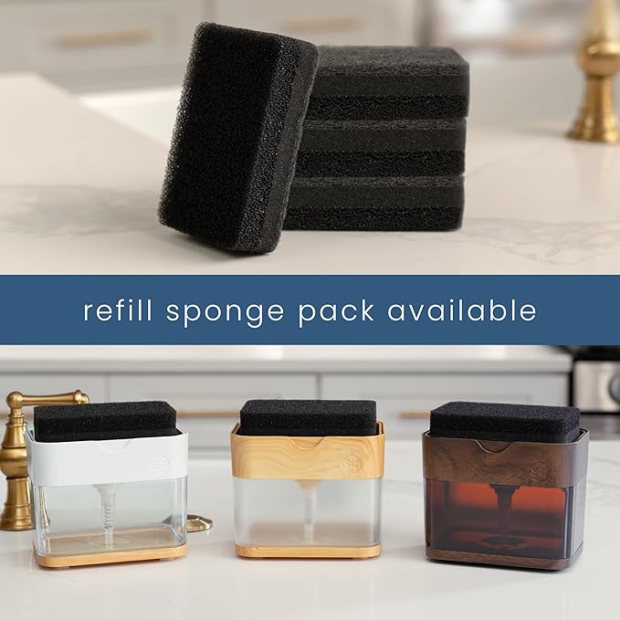 S&T INC. Dish Soap Dispenser and Sponge Holder for Kitchen Sink, Waterproof Labels and Sponge Included, 13 Ounces, Plastic, Walnut and Amber