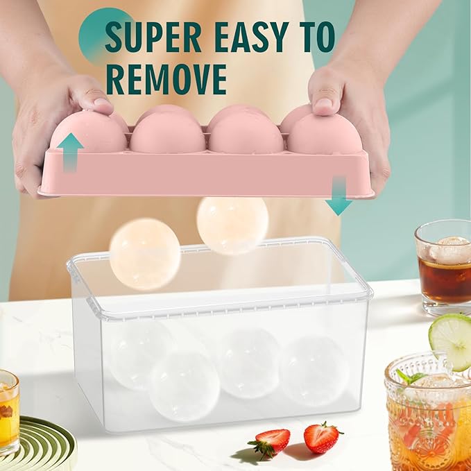 WIBIMEN Large Ice Cube Molds, Big Round Whiskey Ice Cube Trays for Freezer, Easy to Fill & Release, Whiskey Bourbon Cocktail (2.5In*8 Balls - Pink/2 Pack)