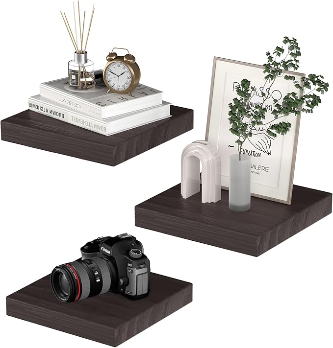 Small Floating Shelves for Wall - 9 Inch Square Rustic Brown Shelves for Bedroom, Living Room, Bathroom, Kitchen, Office Decor Set of 3