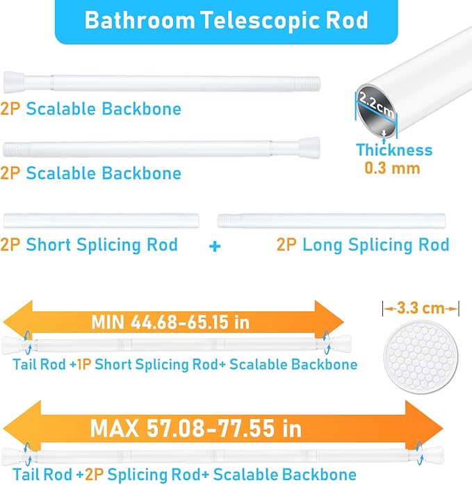 2 Pack White Tension Curtain Rod 42-73 Inch Shower Rod 7/8" Shower Curtain Rod Adjustable Spring Curtain Rods No Drilling Spring Rod Shower Curtain Tension Rod for Bathroom Windows Doorways