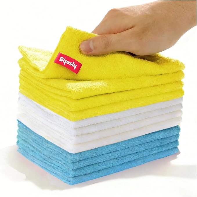 Byesly 12-Pack Microfiber Cleaning Cloth, 11.5x11.5 Microfiber Towels for Cars, Dishes & House, for Detailers, Chefs & Efficient Home | Scratch-Free, Lint-Free, Ultra Absorbent(Yellow/White/Blue)