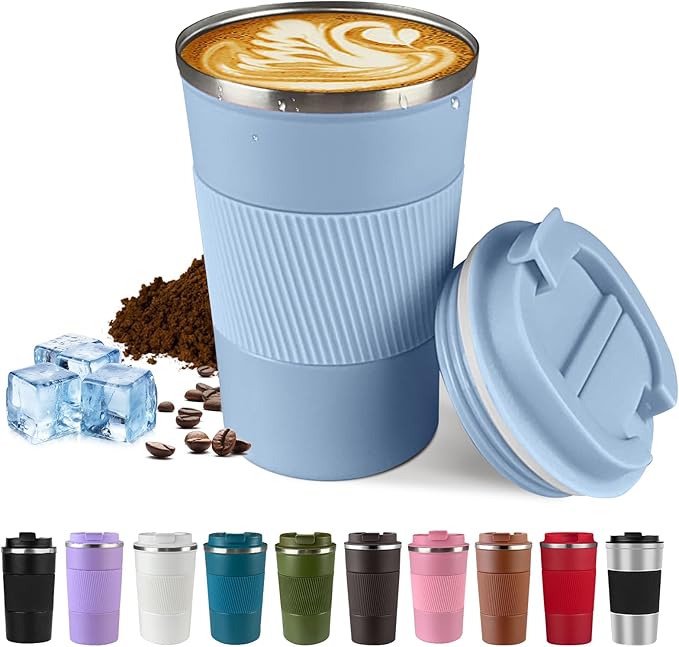 SPLMIFA Vacuum-Insulated Stainless Steel Travel Coffee Mug, Leak-Proof Reusable Coffee Cup with Lid - Keep Hot & Cold Drinks for Hours, Durable Insulated Tumbler for Men & Women(3rd-Light Blue, 17OZ)