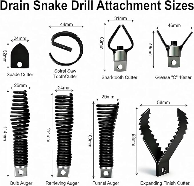 Drain Snake Drill Attachment, 9-Piece Root Cutter for Drain Cleaning, Manganese Steel – Compatible with 50-100FT AC Machines, for Pipe Clog Removal, Fits 5/16"-3/4" Cables