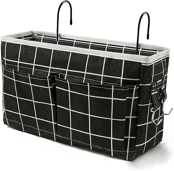 Bedside Caddy Bedside Hanging Storage Basket Multi-Function Organizer Caddy for Bunk and Hospital Beds Dorm Rooms Bed Rails, Can be Placed Glasses Books Mobile Phones（Black Grid）