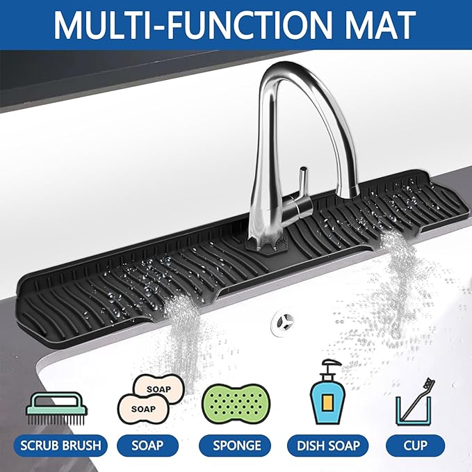 Kitchen Sink Splash Guard Gen2-30" x 6'' Silicone Sink Mat Splash Guard fit for Countertop, Bathroom,Farmhouse,RV by EBIGIC (Black)