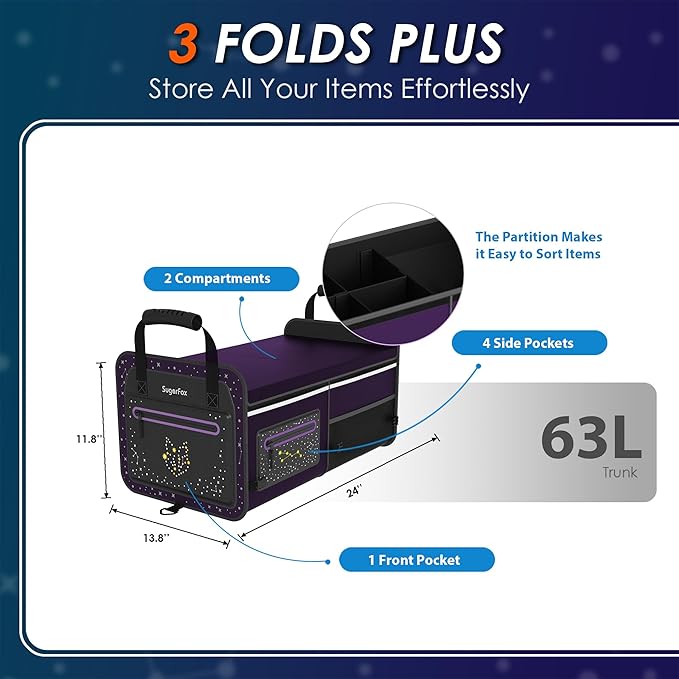63L Car Trunk Organizer for SUVs & Small/Midsize Cars - Fluorescent Design, Waterproof, Collapsible with Adjustable Straps (Purple-M004)