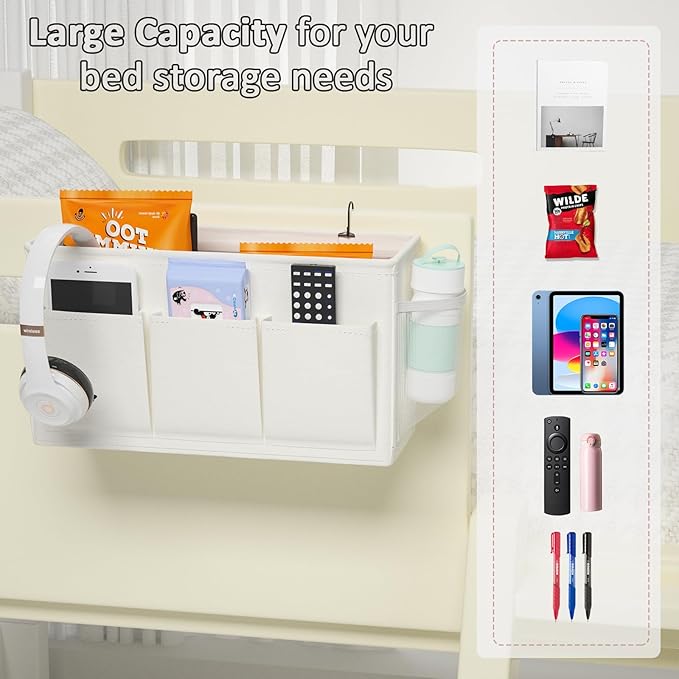 Dual-purpose Bedside Caddy Bedside Organizer, Bed Caddy with 6 Pockets, Versatile Bedside Storage Solution Magazine Remotes holder, ideal for Home, Dorm, Hospital, Crib Bed (White 2pcs)
