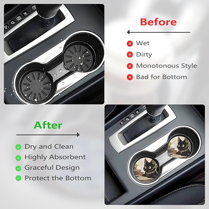 Car Cup Holder Coasters, 2 Pcs Ceramic Coasters with Cork Back and Finger Slot, Anti-Slip Shock Absorbing Women and Men Universal Car Accessories - Wide-Eyed Cat