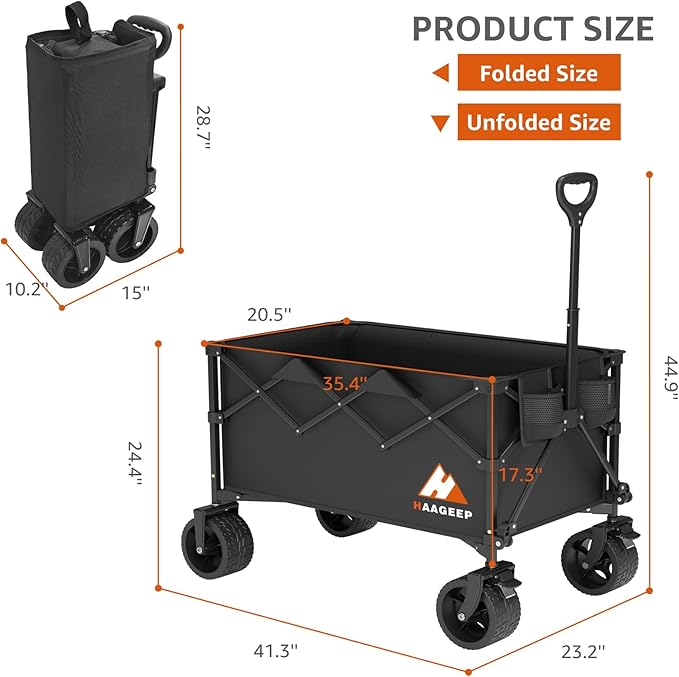 Collapsible Wagon Cart with Wheels Foldable - Folding Utility Heavy Duty Wagons Carts for Grocery Sports Garden Shopping Camping Wheelbarrows (Black, 220L)