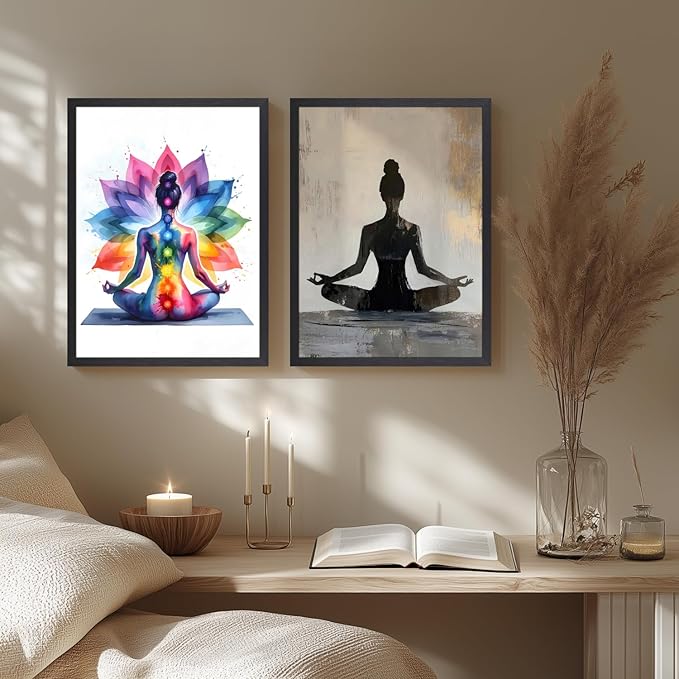GELDSTEI Wood Framed Zen Wall Art, Chakra Yoga Wall Decor, Colorful Meditation Poster Print, Spiritual Canvas Painting, Vibrant Meditating Woman Aesthetic Picture for Living Room Yoga Studio 16"x24"