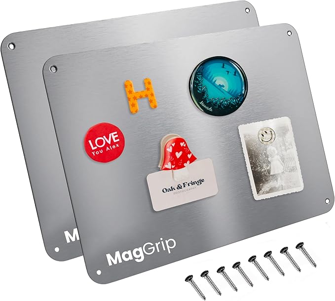 9 inches x 6.5 inches Stainless Steel Plate for Magnets, 3M Adhesive Back, Mounting Screws, Ideal for Magnetic Shelf, Spice Holders, Colorful Magnets as a Gift. Mount Anywhere! (Silver, 2 Pack)