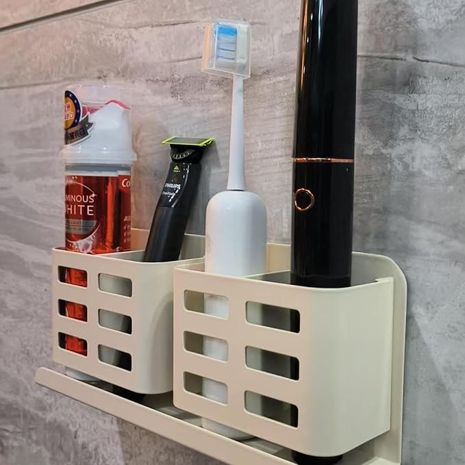 Aluminum Toothbrush Holder, Self-Adhesive Wall Mount Bathroom Organizer for Toothbrush, Razor, Comb & Toothpaste. (Cream White