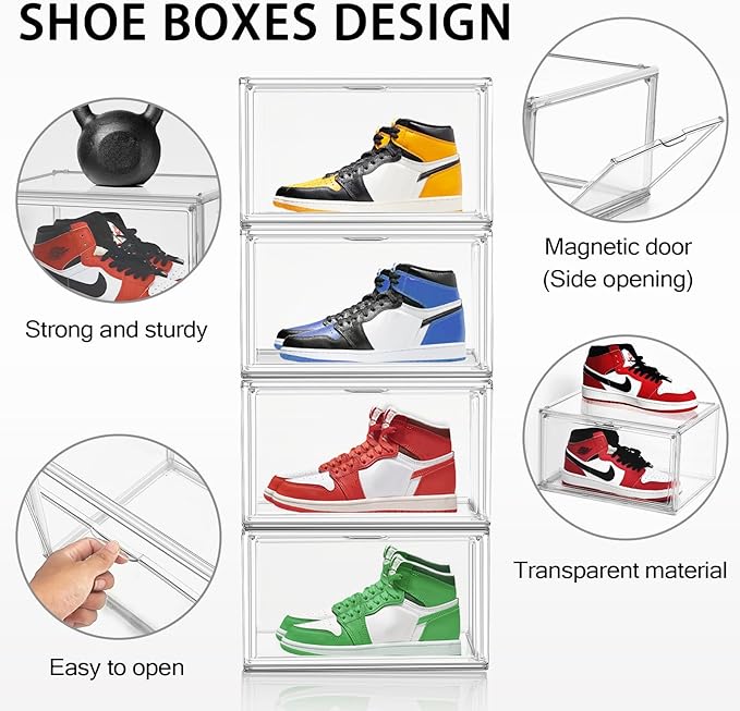 10 Pcs Acrylic Sneaker Shoe Display Case Size 14, Transparent Shoe Box Storage Bins Clear Plastic Stackable Boot Handbag Organizer Containers with Lids