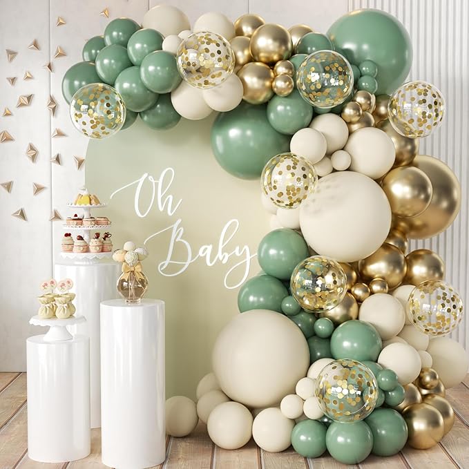 MEBAY Sage Green White Gold Balloon Arch Kit, 166Pcs Sage Green White Sand Gold Metallic and Gold Confetti Balloons Garland for Baby Shower Gender Reveal Wedding Jungle Safari Party Decoration