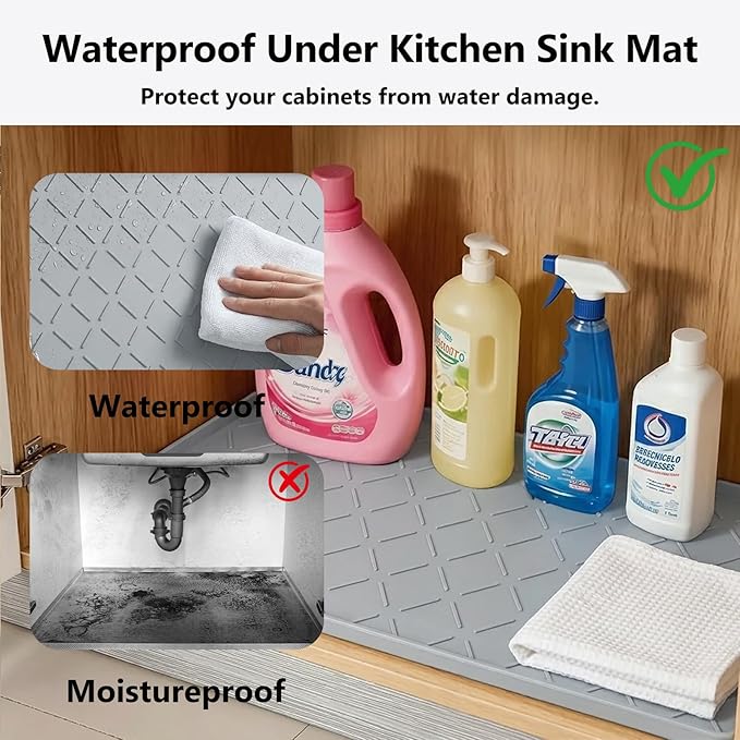 Mateeylife Under Sink Mats for Kitchen Waterproof 22"X19", Undersink Protectors，Silicone Mat Cabinet Liner, Under Sink Organizer for Bathroom and Kitchen，Boot Tray Pet Food Mat, Light Grey
