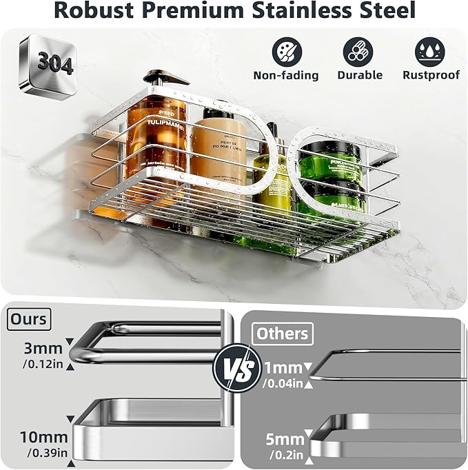 Shower Caddy 3 Pack Adhesive 304 Stainless Steel Shelves No Drill Durable Large Capacity Shower Rack Organizer Soap Holder Quick Dry Rustproof Bathroom Storage(Silver)