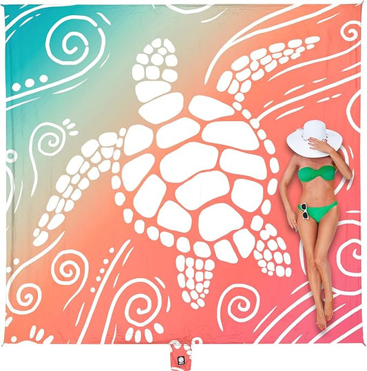 WEKAPO Beach Blanket Waterproof Sandproof Oversized Extra Large Sand Free Beach Mat with Stakes, Storage Bag - Essentials for Outdoor Beach, Picnic (Sea Turtle, 8 X 7 FT (1~4 Person))