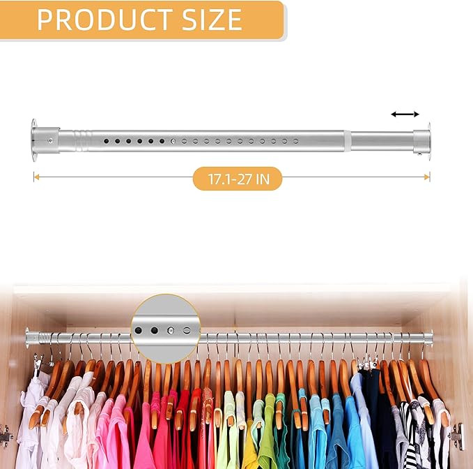 1.3 Inch Diameter Closet Rods for Hanging Clothes, 17-28 Inch Adjustable, Metal Heavy Duty Closet Pole, Silver Closet Bar for Hanging Clothes, Suitable for Closets, Wardrobes, Bathrooms, Windows