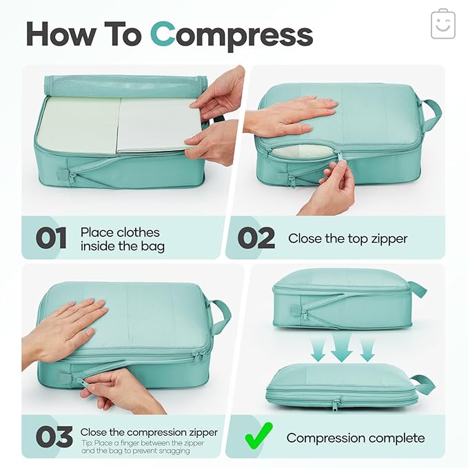 Veken 11-Piece Compression Packing Cubes for Travel Essentials, Compressible Expandable Large Luggage Suitcase Organizer Bags for Clothing, Durable Space Saver Storage Bags with Toiletry Bags (Blue Green)