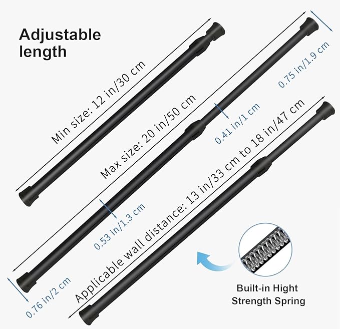 6Pcs Tension Rod, Goowin Tension Curtain Rod, No Drilling Rustproof Spring Small Tension Rod, Adjustable Tension Rods for Closet, Kitchen, Cupboard, Wardrobe, Bookshelf, (Black, 12-20 inch)