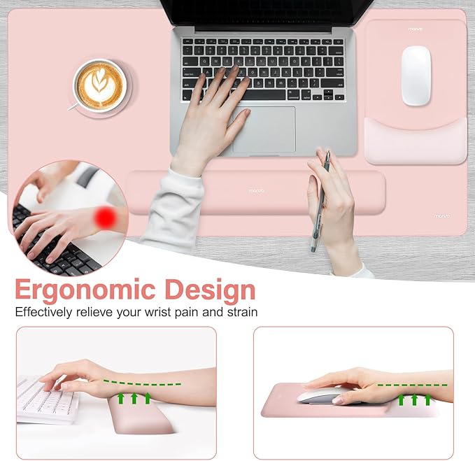 MOSISO Keyboard Mouse Pad Set, Large Gaming Mouse Pad & Rectangular Keyboard Wrist Rest & Mousepad with Wrist Rest & Coaster, Ergonomic Non-Slip & Easy Typing Pad with Curved Silicone Lining, Baby Pink
