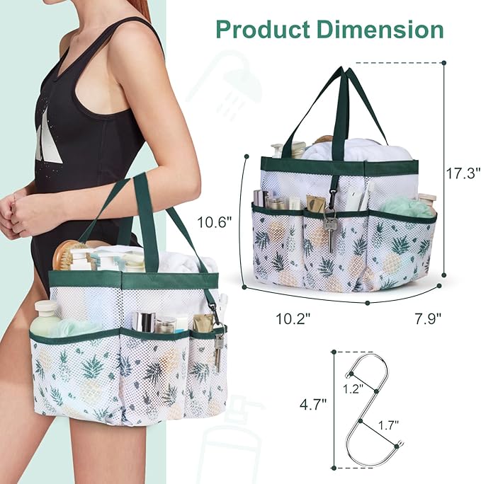 F-color Portable Shower Caddy - Mesh Shower Bag Basket Tote for College Dorm Room Essentials Bathroom Gym Camp Quick Dry for Women Men with S Hook, Green Pineapple