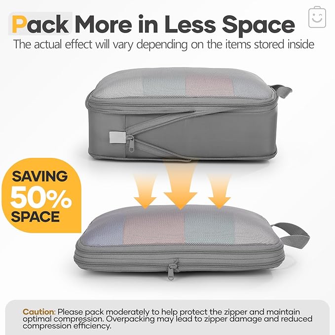 Veken 11 Set Compression Packing Cubes for Travel Essentials, Compressible Expandable Large Luggage Suitcase Organizer Bags for Clothing, Durable Space Saver Storage Bags with Toiletry Bags (Gray)